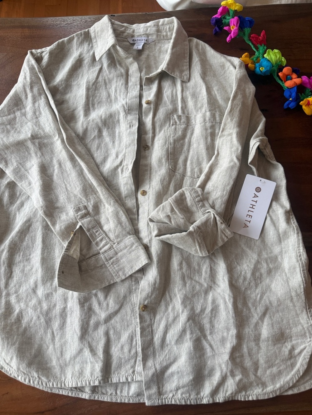 Athleta Beige Linen Button-Front Shirt